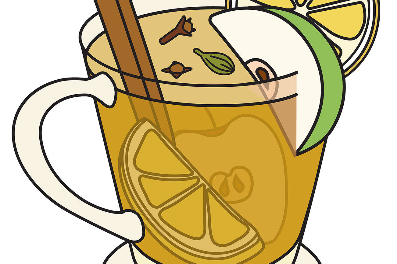 Wassail hot apple cider traditional winter cocktail. Stylish hand-drawn doodle cartoon style winter or autumn warm drink in a mug garnished with apple and lemon, cloves, cardamom and cinnamon.