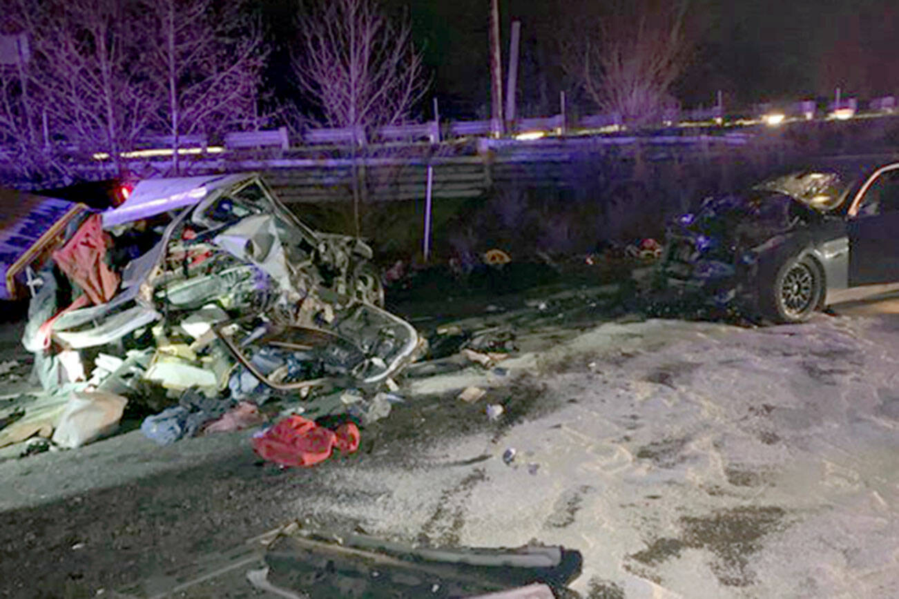 The scene of a fatal crash on northbound I-5 in Arlington Tuesday evening. (Washington State Patrol) 20220208