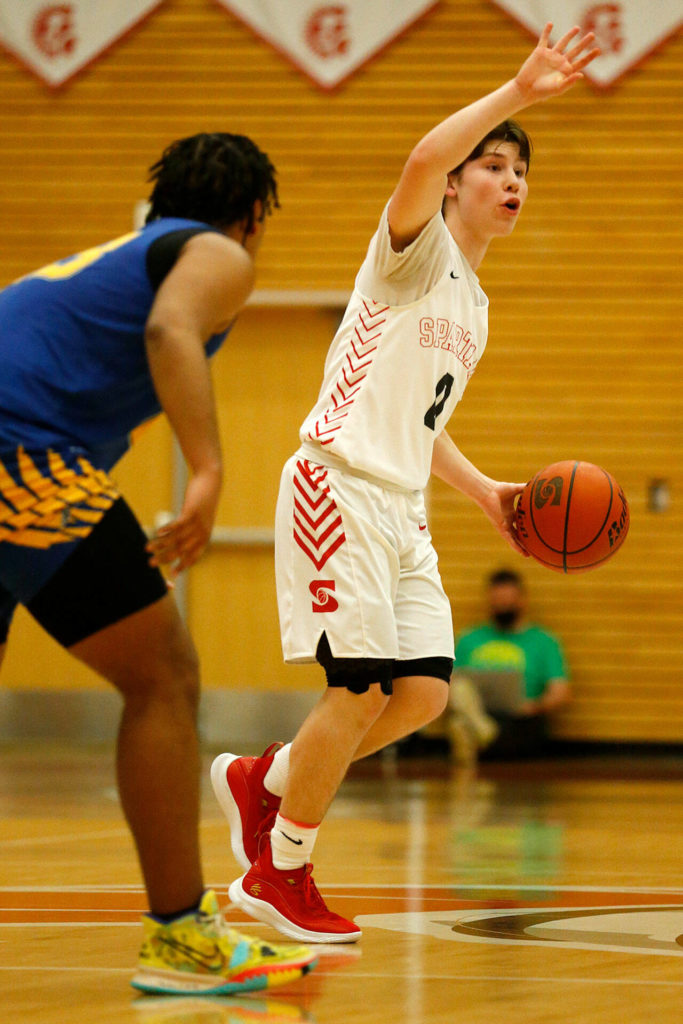 Stanwood’s Owen Thayer calls out a play against Ferndale during a 3A District 1 Tournament semifinal game on Wednesday at Everett Community College. (Ryan Berry / The Herald)
