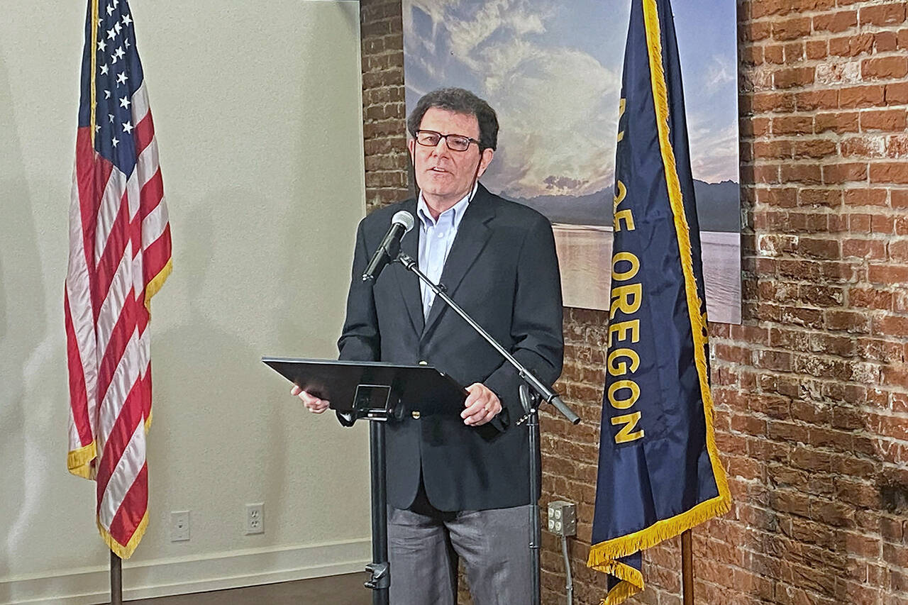 Former New York Times columnist Nick Kristof speaks at a news conference in Portland, Oregon, on Thursday. The Oregon Supreme Court ruled Thursday Kristof is not eligible to run for governor because he does not meet the state’s three-year residency requirement. (AP Photo/Sara Cline)