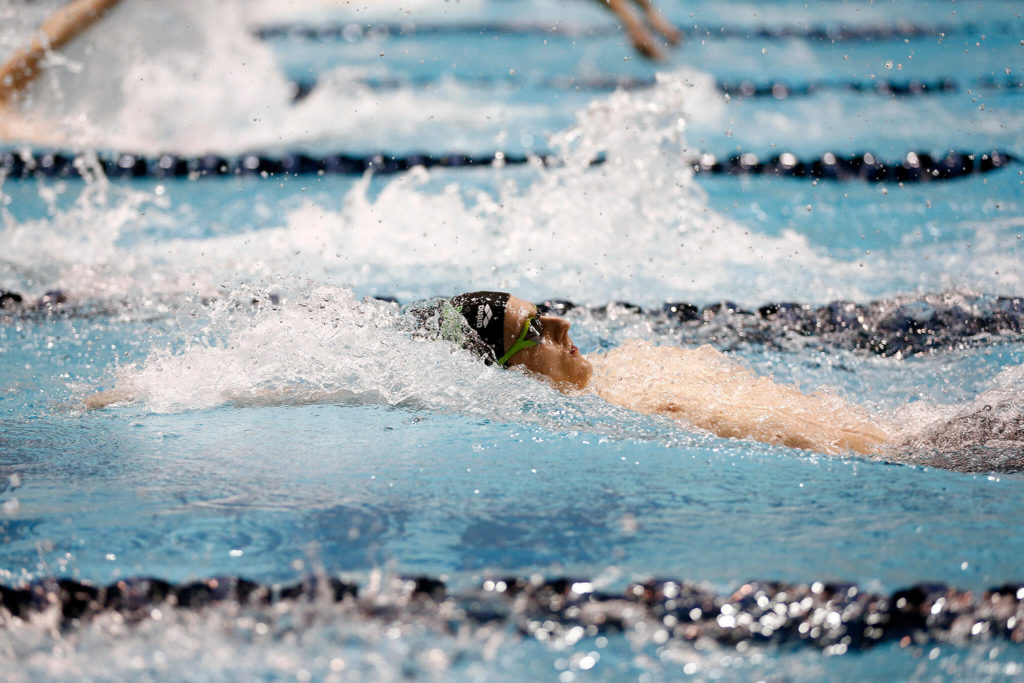Jackson’s Braden Thompson swims in the 200 yard medley relay during the WIAA 4A Boys Swimming Championship on Saturday at the King County Aquatic Center in Federal Way. (Ryan Berry / The Herald)