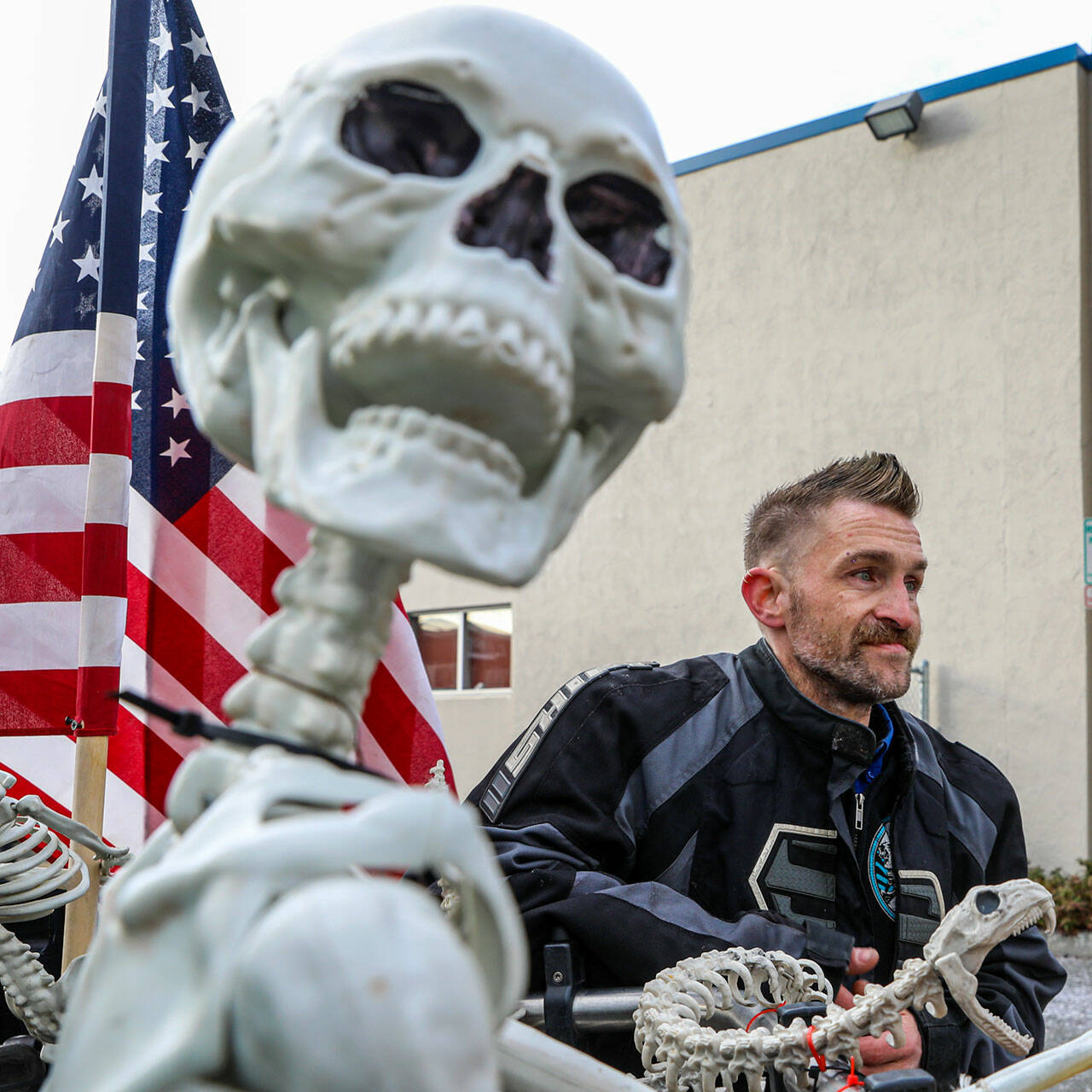Glenn Griswold of Everett decorated his truck in a skeleton motif last Halloween for the “shock value,” he said. (Kevin Clark / The Herald )