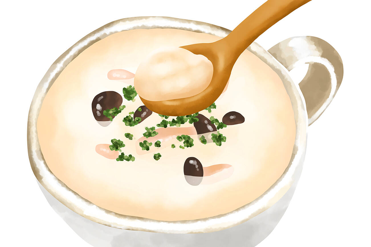 Watercolor illustration mushroom cream soup (clam chowder) and wooden spoon
