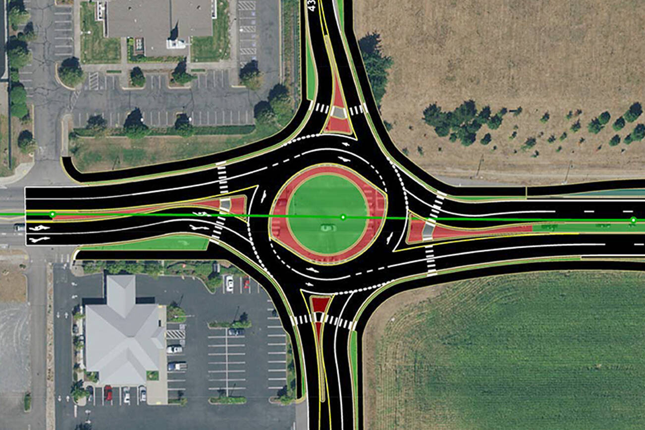 Conceptual design for the new roundabout that will be built at 43rd Ave. NE and Highway 531. Amazon is building this new roundabout in preparation for opening a new fulfillment center this summer. (City of Arlington)