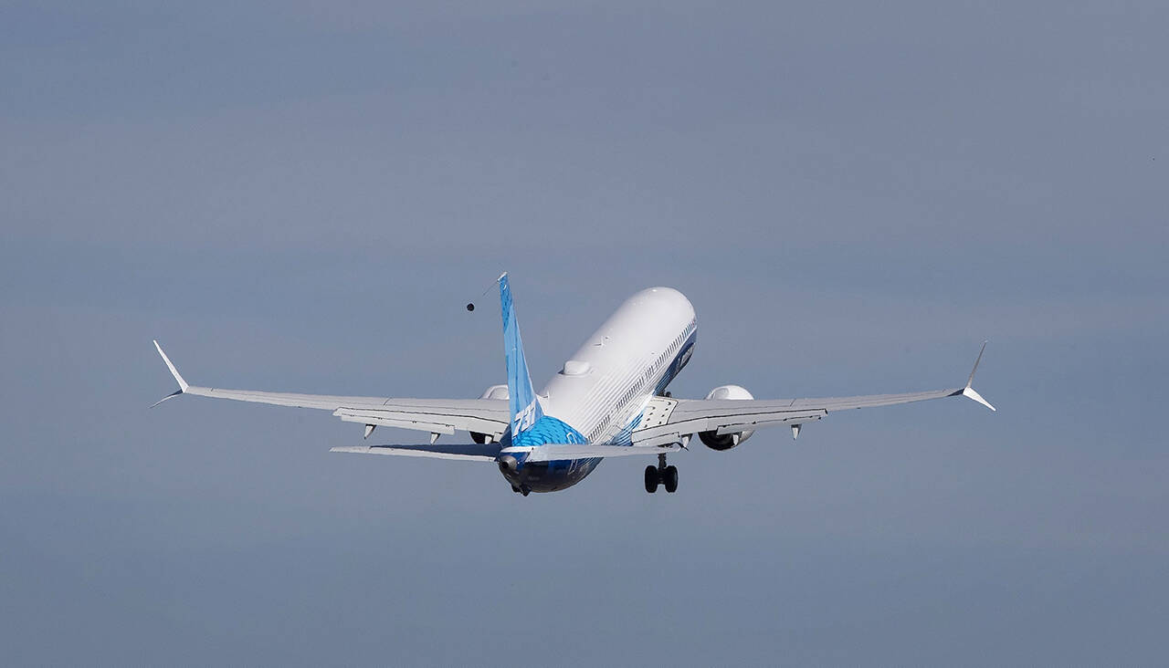 The final version of the 737 Max, the Max 10, takes off from Renton Airport on its first flight on June 18, 2021. (Ellen M. Banner/The Seattle Times via AP, Pool, file)