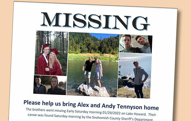 A poster created shortly after brothers Andrew Tennyson, 21, and Alexander Tennyson, 19, went missing at Lake Howard near Stanwood in January.