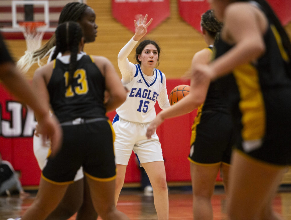 Grace Academy’s Kathryn Fehme calls out a play during the game against Cusick on Friday, Feb. 25, 2022 in Everett, Washington. (Olivia Vanni / The Herald)
