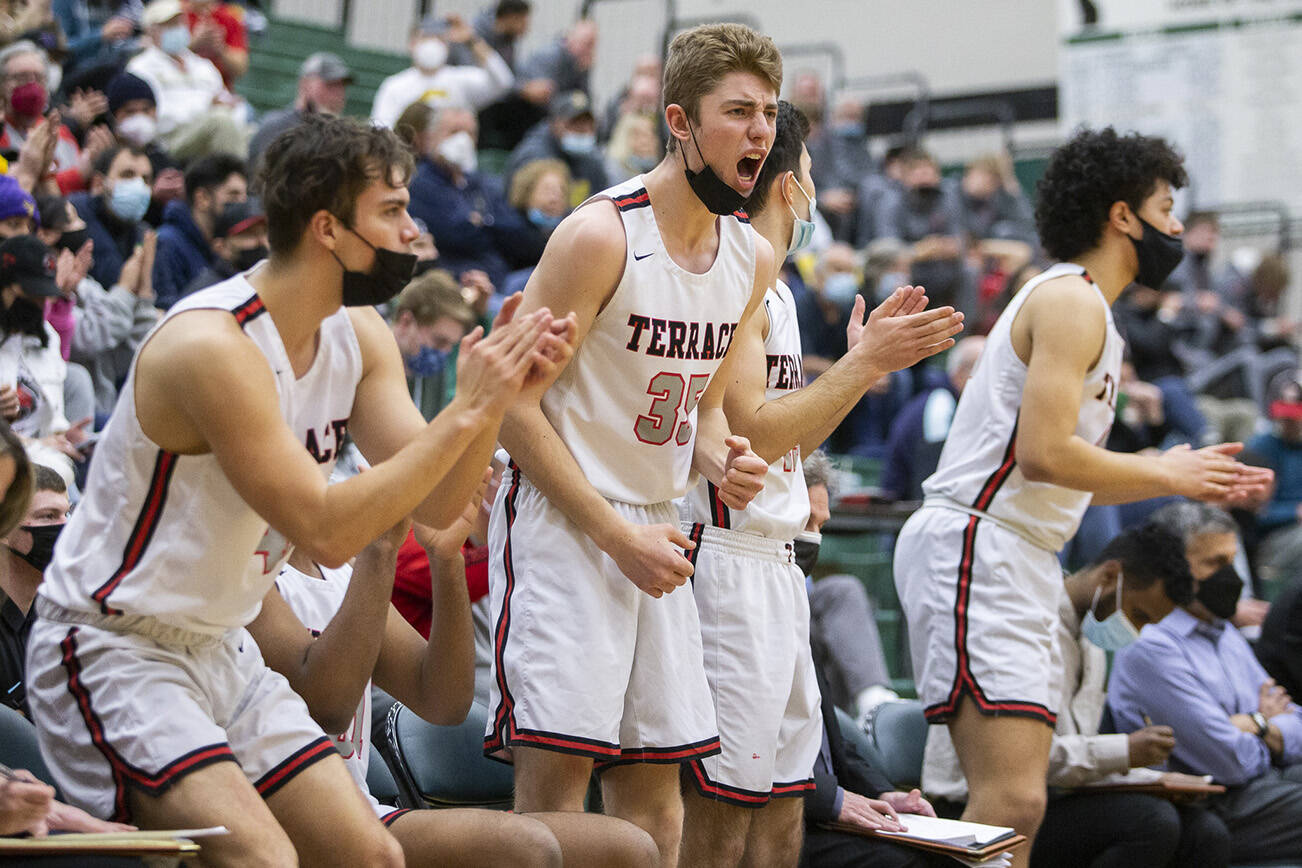 Mountlake Terrace's Mason Towne reacts to a score during the game against Kelso on Saturday, Feb. 26, 2022 in Mill Creek, Washington. (Olivia Vanni / The Herald)