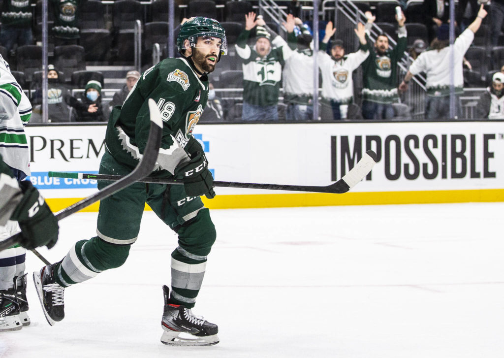 Everett Silvertips fans react to a goal during the game against the Seattle Thunderbirds at Climate Pledge Arena on Saturday, Feb. 26, 2022 in Seattle, Washington. (Olivia Vanni / The Herald)
