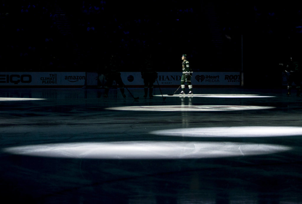 Everett Silvertips Michal Gut skates out onto the ice before the start of the game at Climate Pledge Arena on Saturday, Feb. 26, 2022 in Seattle, Washington. (Olivia Vanni / The Herald)
