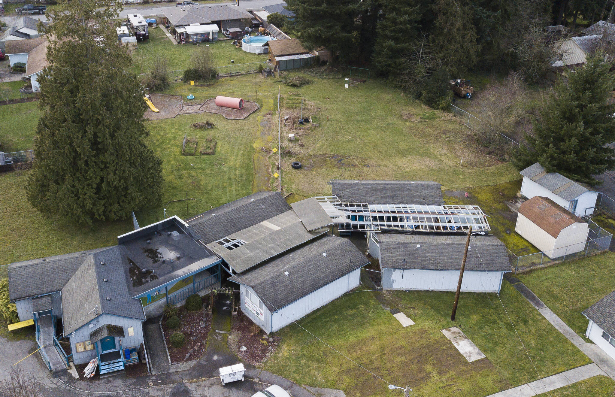An aerial view of the proposed site for the Faith Family Village Project pallet homes for families is seen Tuesday in Everett. (Olivia Vanni / The Herald)