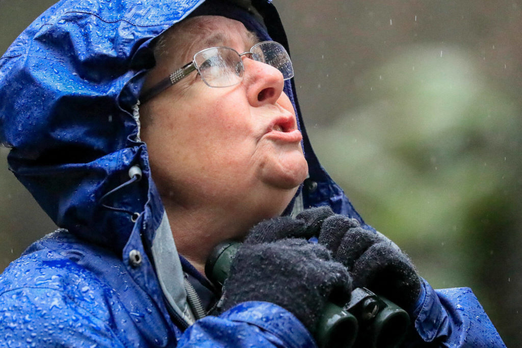 Tina Taylor calls out to the birds. (Kevin Clark / The Herald)
