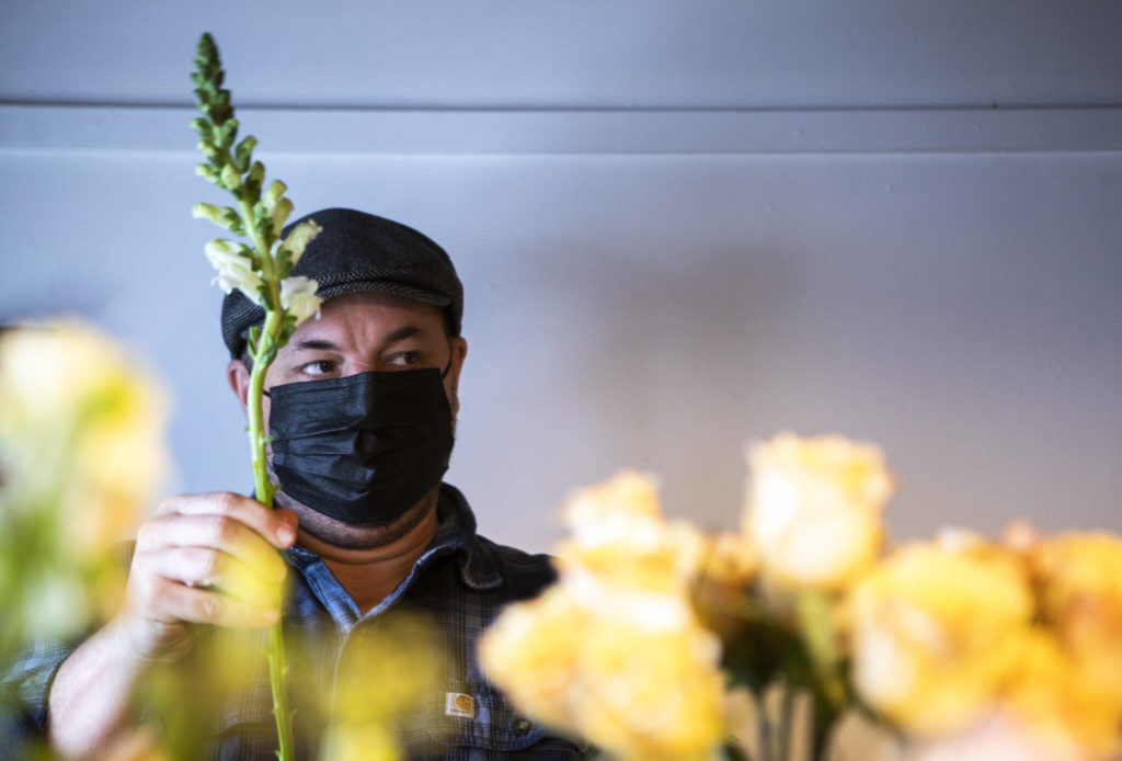 FIELD co-owner K.C. Morgan strips excess leaves off a stem at her shop in Edmonds on March 2. (Olivia Vanni / The Herald)
