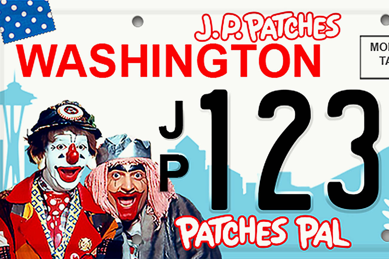 J.P. Patches Washington State License Plate.  The proposed J.P. Patches license plate would raise money for Seattle Children's Hospital's Strong Against Cancer.  (Dan Bates / The Herald)