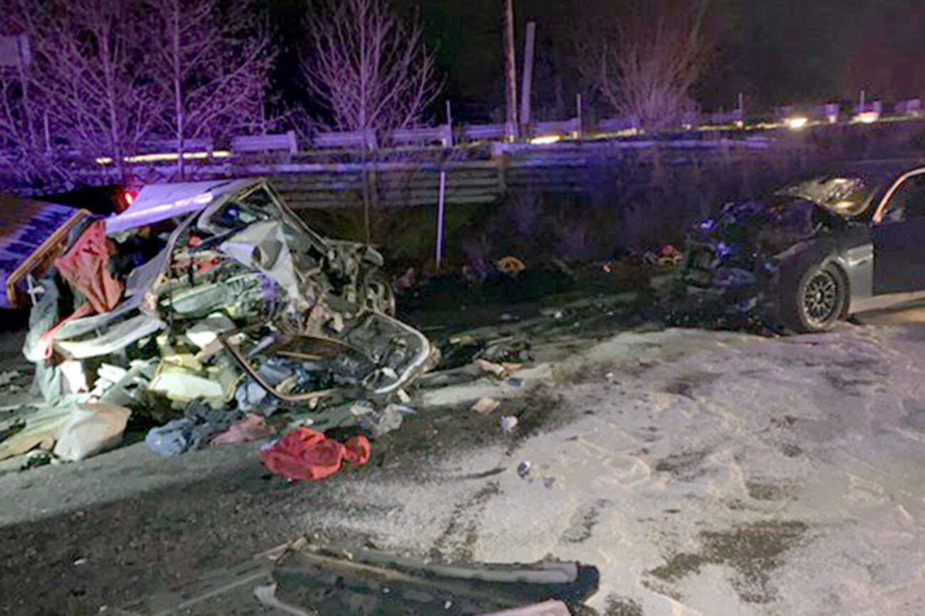 The scene of a fatal crash on northbound I-5 in Arlington on Feb. 8, 2022. (Washington State Patrol)