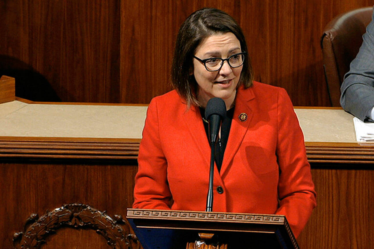 Rep. Suzan DelBene, D-Wash., speaks as the House of Representatives debates the articles of impeachment against President Donald Trump at the Capitol in Washington, Wednesday, Dec. 18, 2019. (House Television via AP)