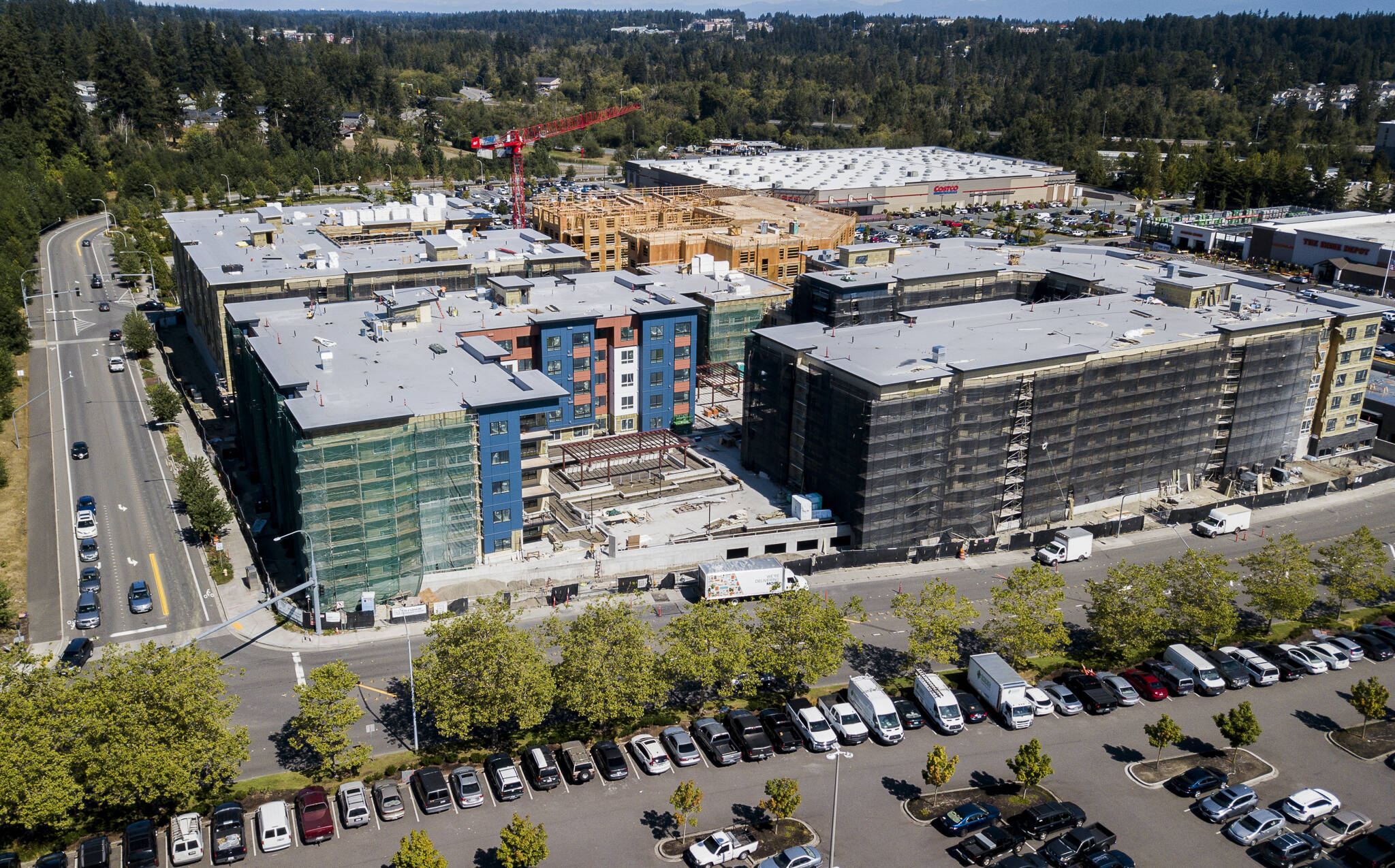 Apartments and condominiums being constructed in Lynnwood across from Alderwood mall in September 2021. (Olivia Vanni / Herald file)