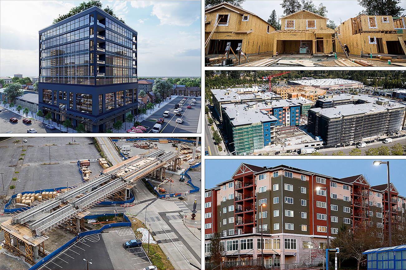 Clockwise from top left: Digital rendering of the future Colby Tower in Everett (Tim Corpus), 2019 housing construction in Sultan (Olivia Vanni), apartments and condominiums being constructed near Alderwood mall in 2021 (Olivia Vanni), Urban Center Apartments in Lynnwood (Kevin Clark), and Lynnwood Transit Center Light Rail Station under construction in August 2020 in Lynnwood (Olivia Vanni)
