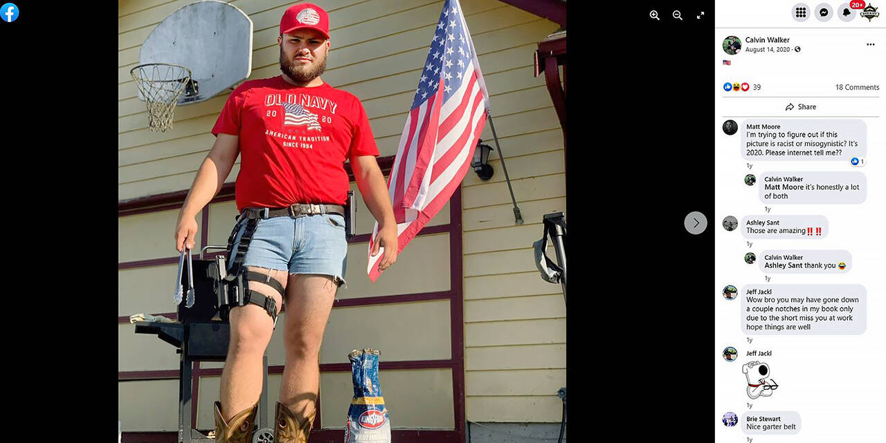 The Snohomish County Sheriff’s Office launched an investigation into the background of Calvin Walker, a new hire, after a sergeant expressed concern about a comment on a photo posted to Walker’s Facebook page in August 2020. A friend asked whether the image, showing Walker in cowboy boots and an American flag t-shirt, was “racist or misogynistic.” Walker responded, “it’s honestly a lot of both.” Walker was fired from the Sheriff’s Office in January as a result of the investigation. (Snohomish County Sheriff’s Office)