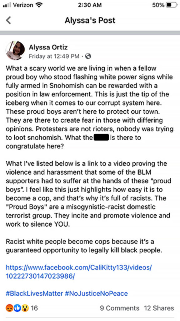 A social media post questioning the hiring of Calvin Walker, who eventually was fired after an internal investigation. (Snohomish County Sheriff’s Office) 
