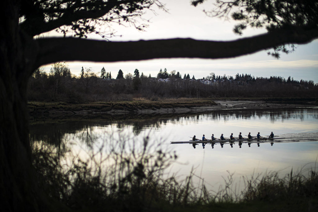 Members of Everett Rowing’s high school team practice on the Snohomish River near Langus Riverfront Park on Feb. 23, in Everett. (Ryan Berry / The Herald)
