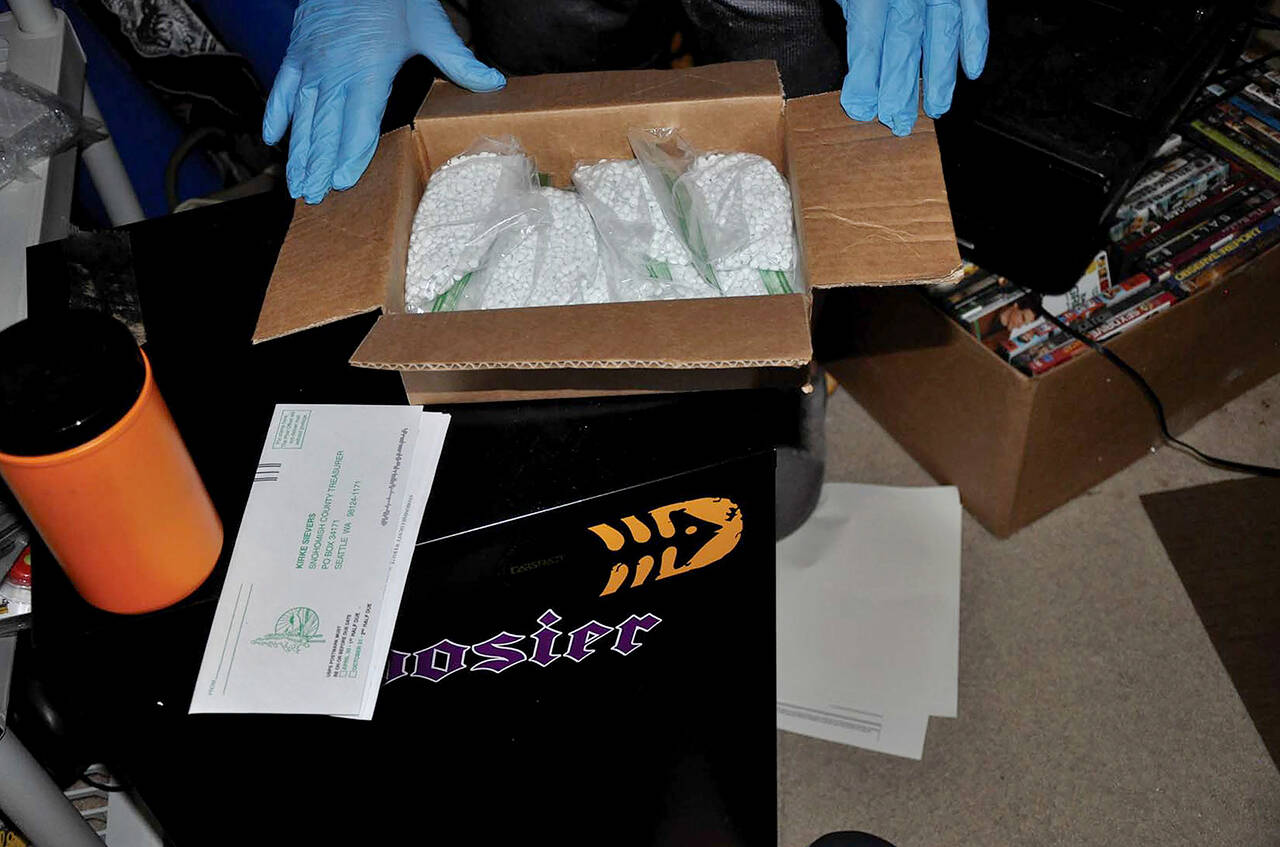 Fentanyl-laced pills — made to look like prescription oxycodone — after they were seized by law enforcement during a 2021 investigation into drug trafficking in Snohomish County. (U.S. Attorney’s Office)