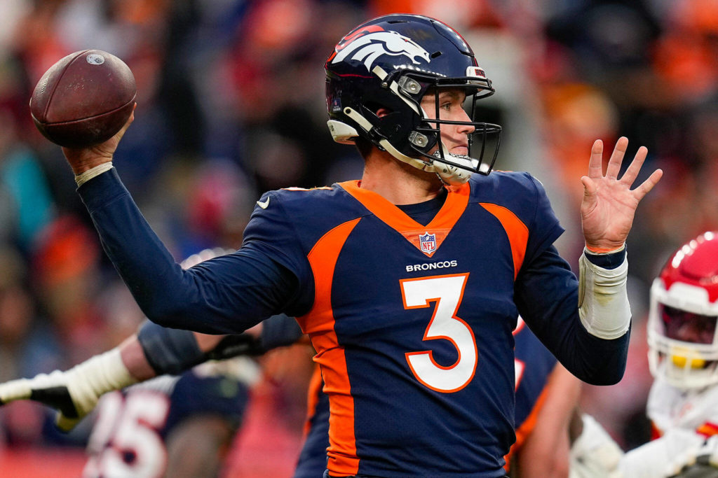 Broncos quarterback Drew Lock (3) throws against the Chiefs during a game Jan. 8, 2022, in Denver. (AP Photo/Jack Dempsey)
