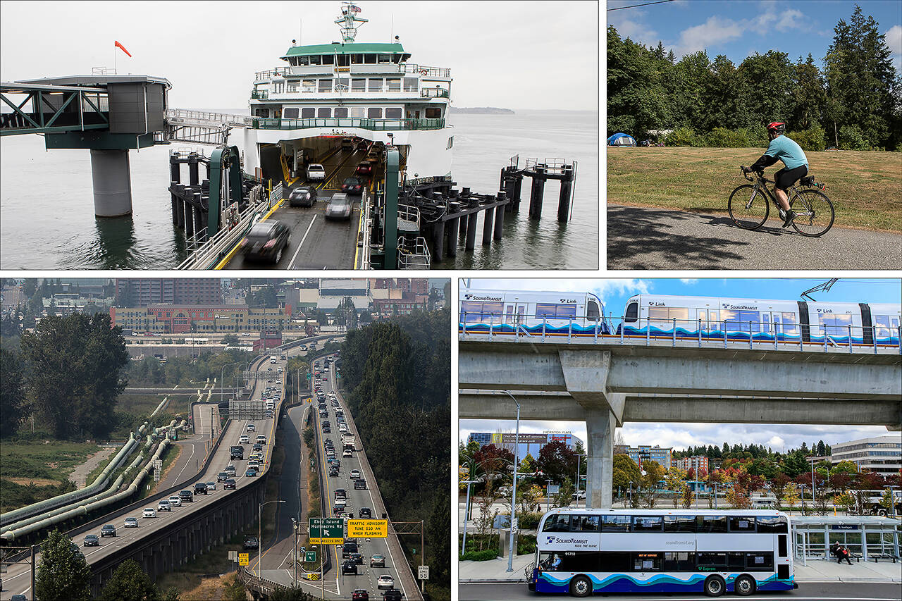 Clockwise from top left: The Mukilteo ferry terminal, a bike rider in Stanwood’s Wenberg County Park, a Sound Transit bus at the Northgate light rail station in Seattle, and the U.S. 2 trestle between Everett and Lake Stevens. (Herald file photos)