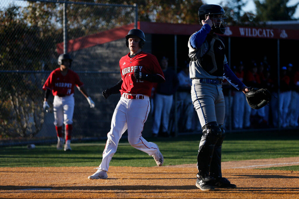 Archbishop Murphy’s Jacob Shaw heads home to score a run during a jamboree game against Seattle Prep Wednesday, March 9, 2022, in Everett, Washington. (Ryan Berry / The Herald)
