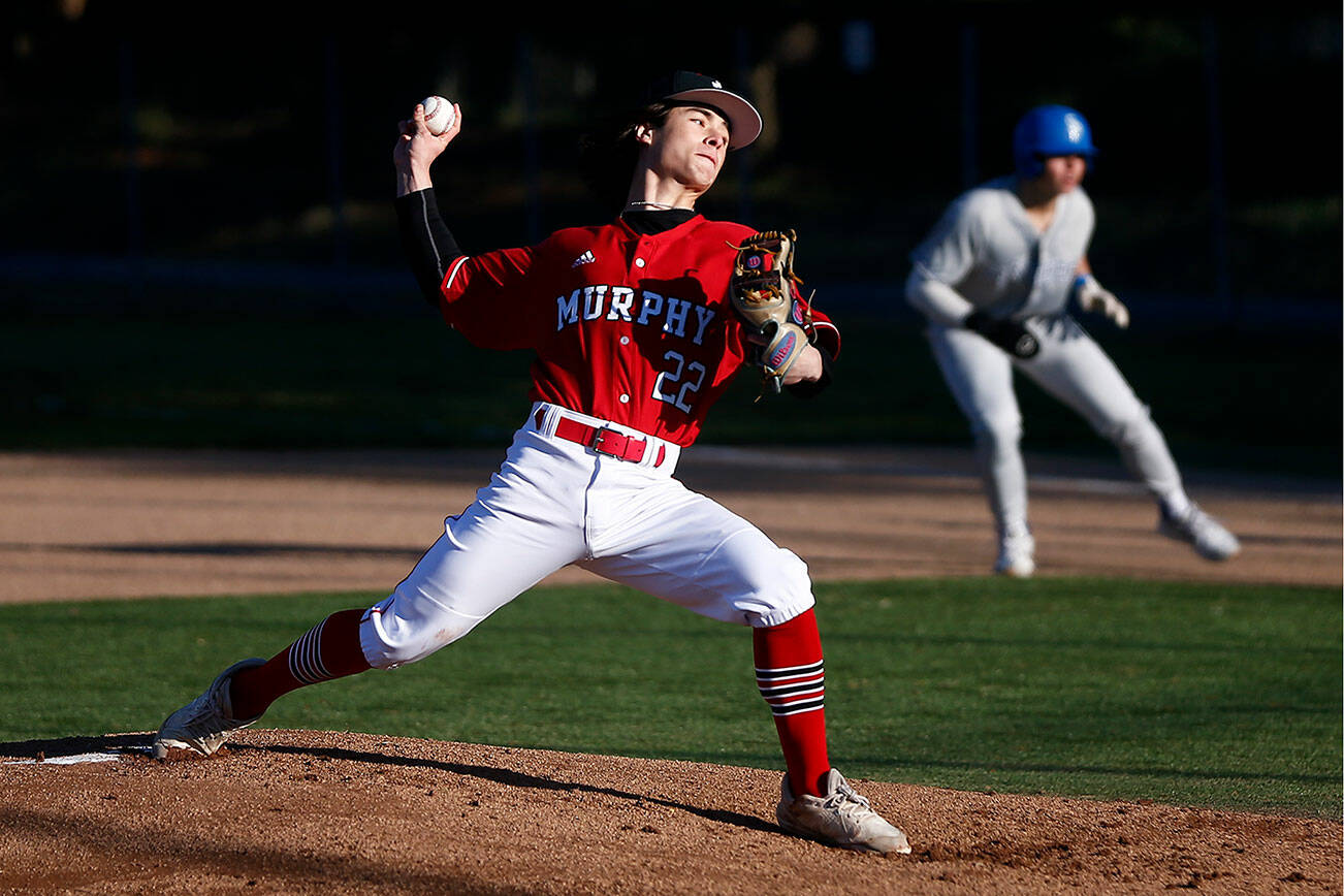 Archbishop Murphy’s Jackson Bonnar delivers a pitch during the season opener against Seattle Prep Wednesday, March 9, 2022, in Everett, Washington. (Ryan Berry / The Herald)