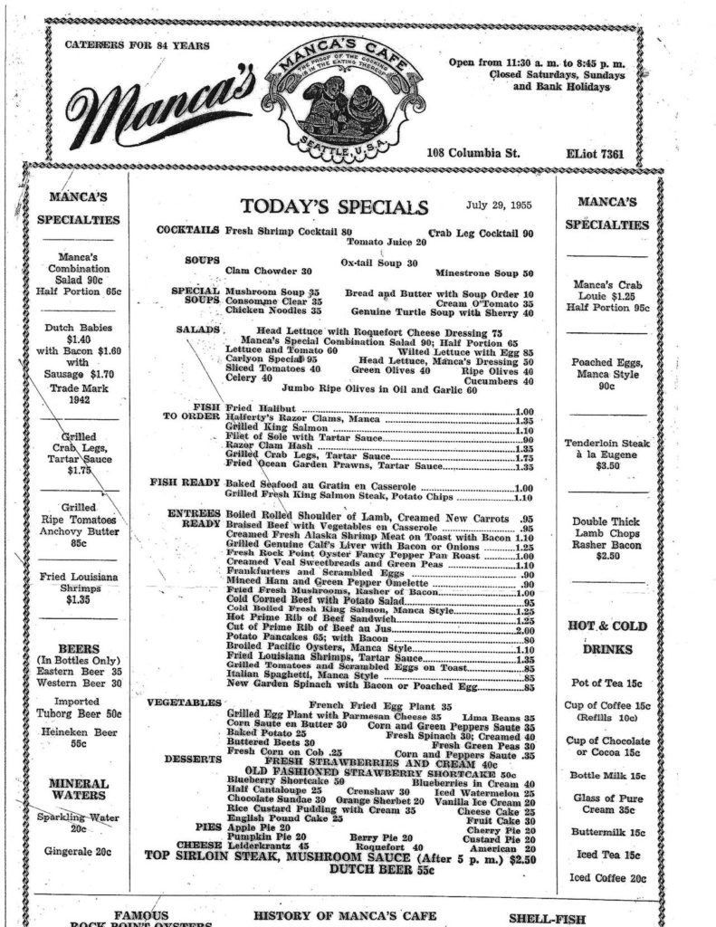On the Manca’s Cafe menu, Dutch babies were sold for $1.40 each. (Courtesy of Mark Manca)
