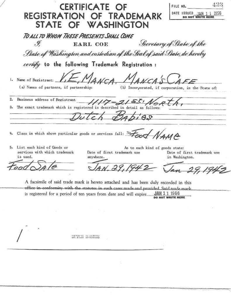 Mark Manca still has his great grandfather’s trademark certificate for Dutch babies, dated Jan. 11, 1956. (Courtesy of Mark Manca)
