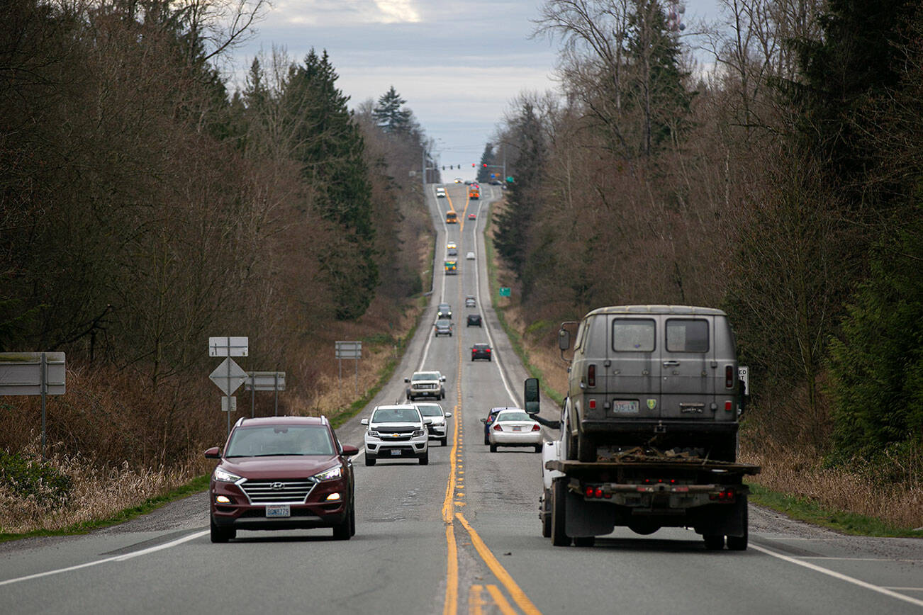 Vehicles travel along Highway 9, just south of 84th St NE on Friday, March 11, 2022, near Marysville, Washington. (Ryan Berry / The Herald)