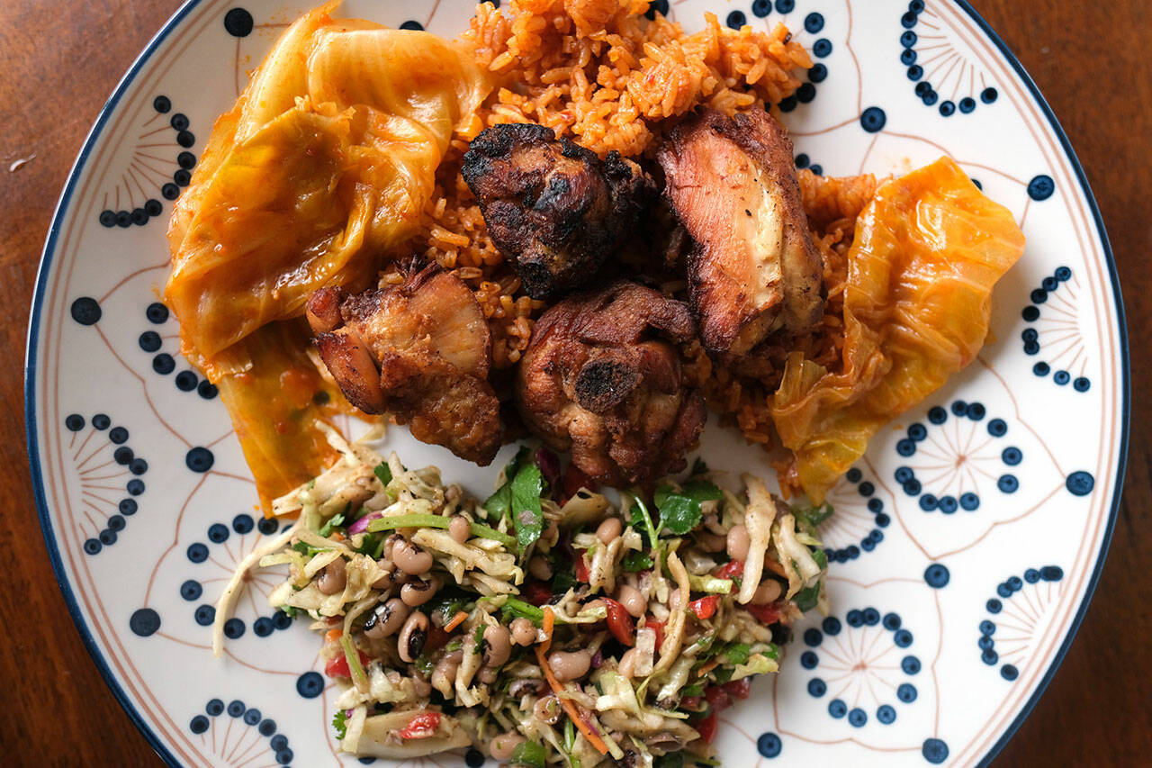 Bantaba in Lynnwood serves up West African dishes like benachin. Also known as jollof rice, the popular Gambian dish is vibrant red from the use of tomatoes and spices. Bantaba serves theirs with a choice of fish ($11), beef ($12) or lamb ($13). (Taylor Goebel / The Herald)