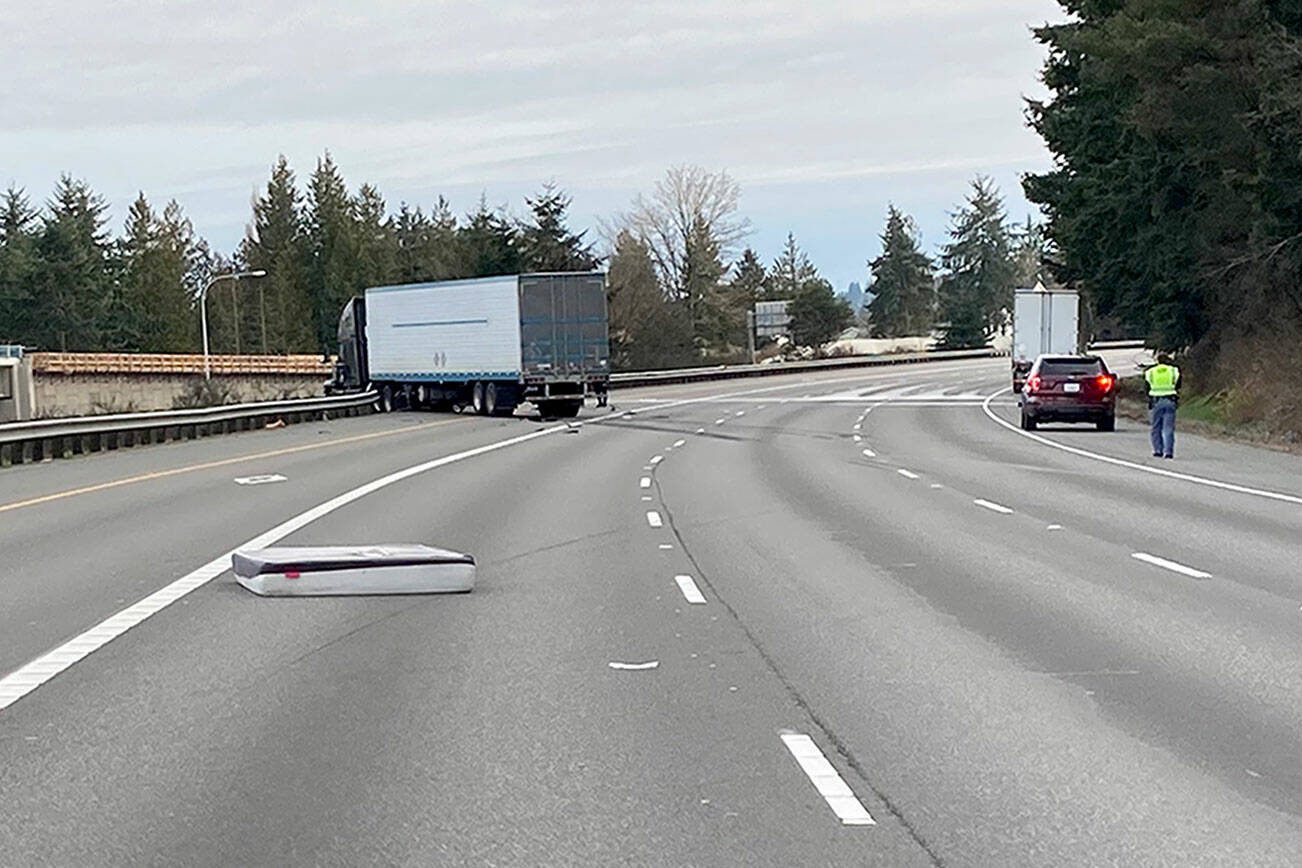 A lost mattress was believed to be the cause of a fatal accident on northbound I-5 in Mountlake Terrace Saturday morning. (Washington State Patrol) 20220312