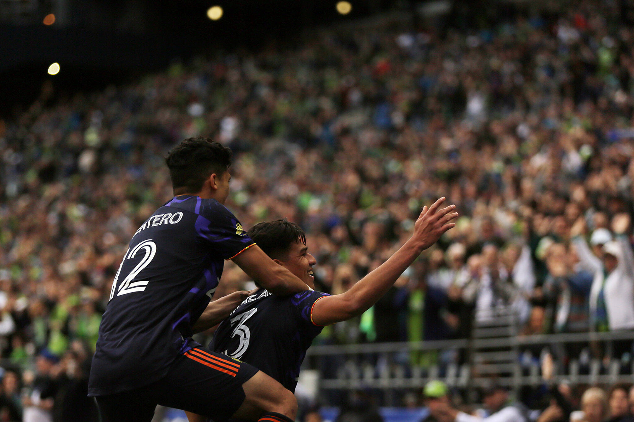The Seattle Sounders’ Xavier Arreaga celebrates a goal against the Los Angeles Galaxy on Saturday at Lumen Field in Seattle. (Ryan Berry / The Herald)