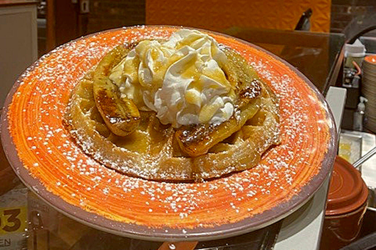 Belgian waffles with bananas Foster.