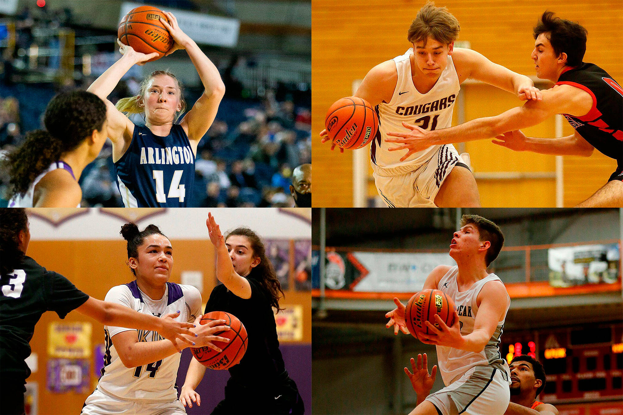 Keira Marsh (top left), Blake Conyers (top right), Baylor Thomas (bottom left) and Bobby Siebers were all selected to all-state games by Washington coaches associations. (Herald file)