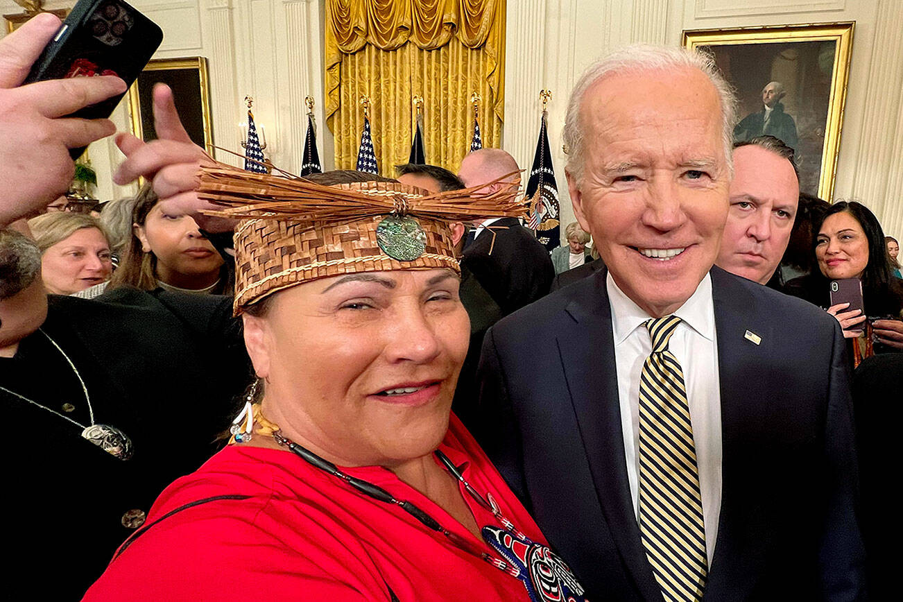 Tulalip Tribes Chairwoman Teri Gobin took this selfie with President Joe Biden after an event Wednesday at the White House to mark the reauthorization of the Violence Against Women Act. 20220316