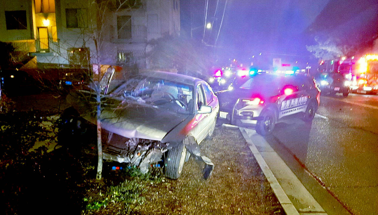 This crash in Seattle resulted from a chase that started in Snohomish County after the robbery of a marijuana retail store on Feb. 18. (Snohomish County Sheriff’s Office)<tcxspan tcxhref="20220218" title="Call 20220218 via 3CX">
</tcxspan>