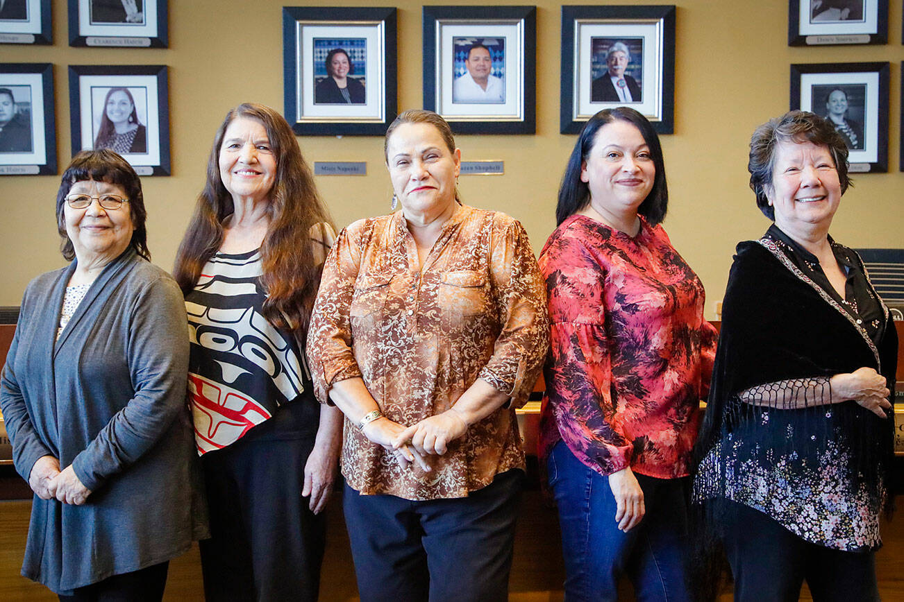 Marie Zackuse, Secretary Debra Posey, Chairwoman Teri Gobin, Vice Chair Misty Napeahi and Treasurer Pat Contraro serve on the Tulalip Tribes' first board with five women. (Kevin Clark / The Herald)