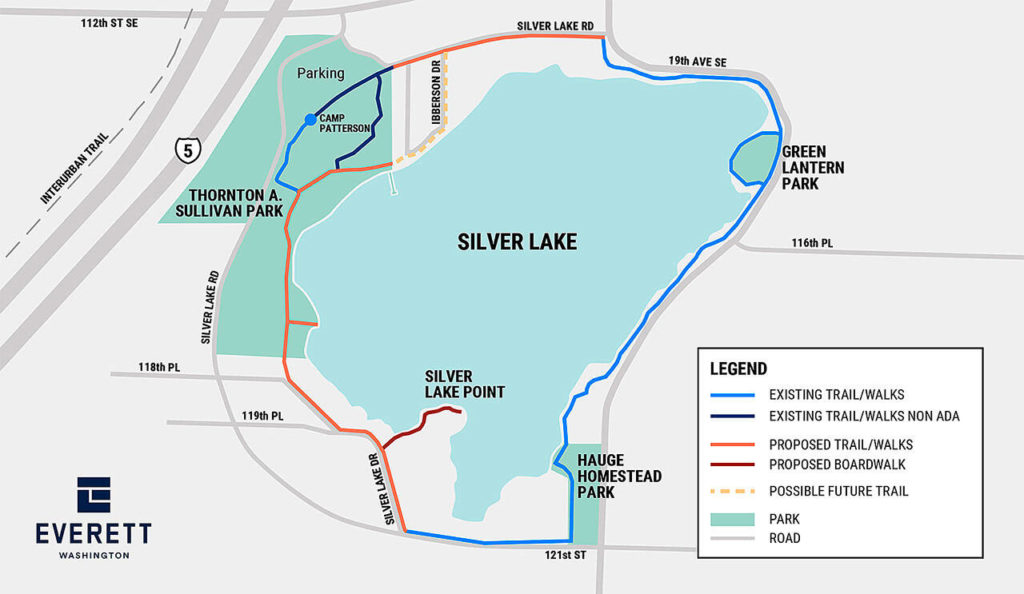 The Silver Lake Trail would connect existing sidewalks east of the lake with newly built paved paths on the north, south and west sides. The Everett City Council authorized a request for bids to build the stretch through Thornton A. Sullivan Park. (City of Everett)

