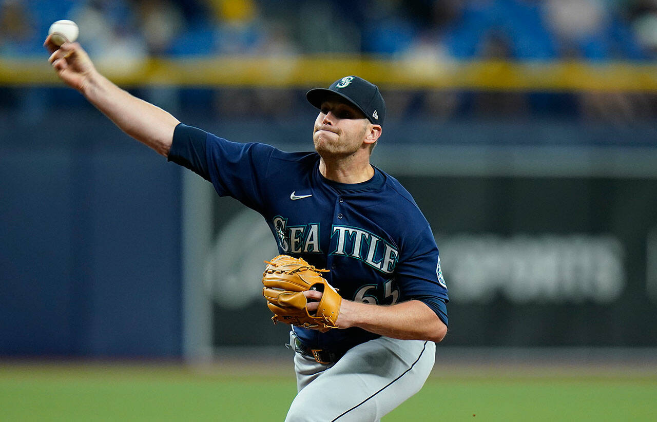 Seattle Mariners relief pitcher Casey Sadler pitches during the seventh inning of a game against the Tampa Bay Rays on Aug. 3, 2021, in St. Petersburg, Fla. (AP Photo/Chris O’Meara)