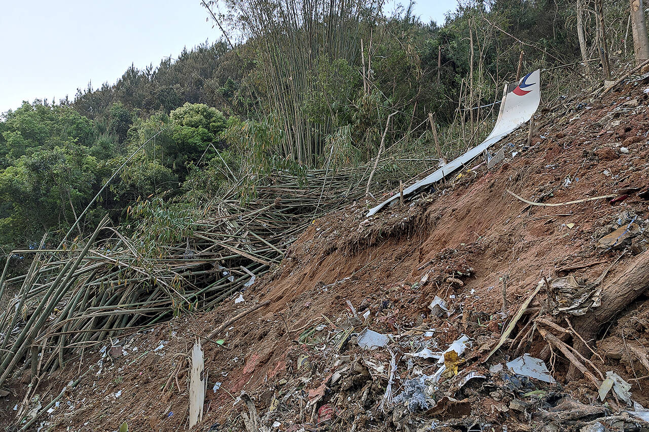 A China Eastern Boeing 737-800 with 132 people on board crashed in a remote mountainous area of southern China on Monday, officials said, setting off a forest fire visible from space in the country’s worst air disaster in nearly a decade. (Xinhua via AP)