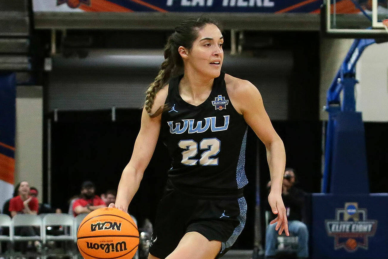 Western Washington's Gracie Castaneda, an Arlington High School graduate, dribbles during an NCAA Division II Elite Eight game against Valdosta State on March 21, 2022, in Birmingham, Ala. (Western Washington photo)