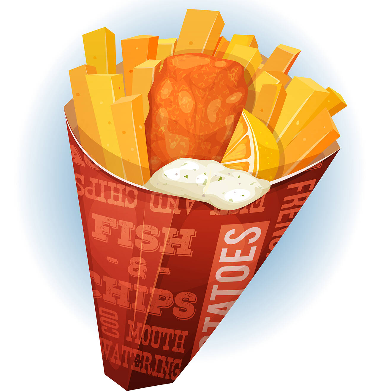 Vector illustration of a cartoon appetizing british fish and chips meal, with fried fish and potatoes inside red cornet, for snack restaurant and takeaway food. File is EPS10 and uses multiply and overlay transparency. Vector eps and high resolution jpeg files included