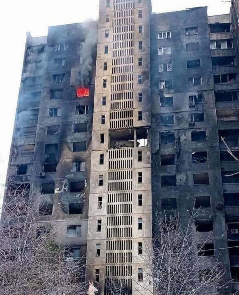 An apartment building in Vitalii Ktitorov’s Kharkiv neighborhood is seen destroyed after an attack by Russian forces. (Photo courtesy of Vitalii Ktitorov)
