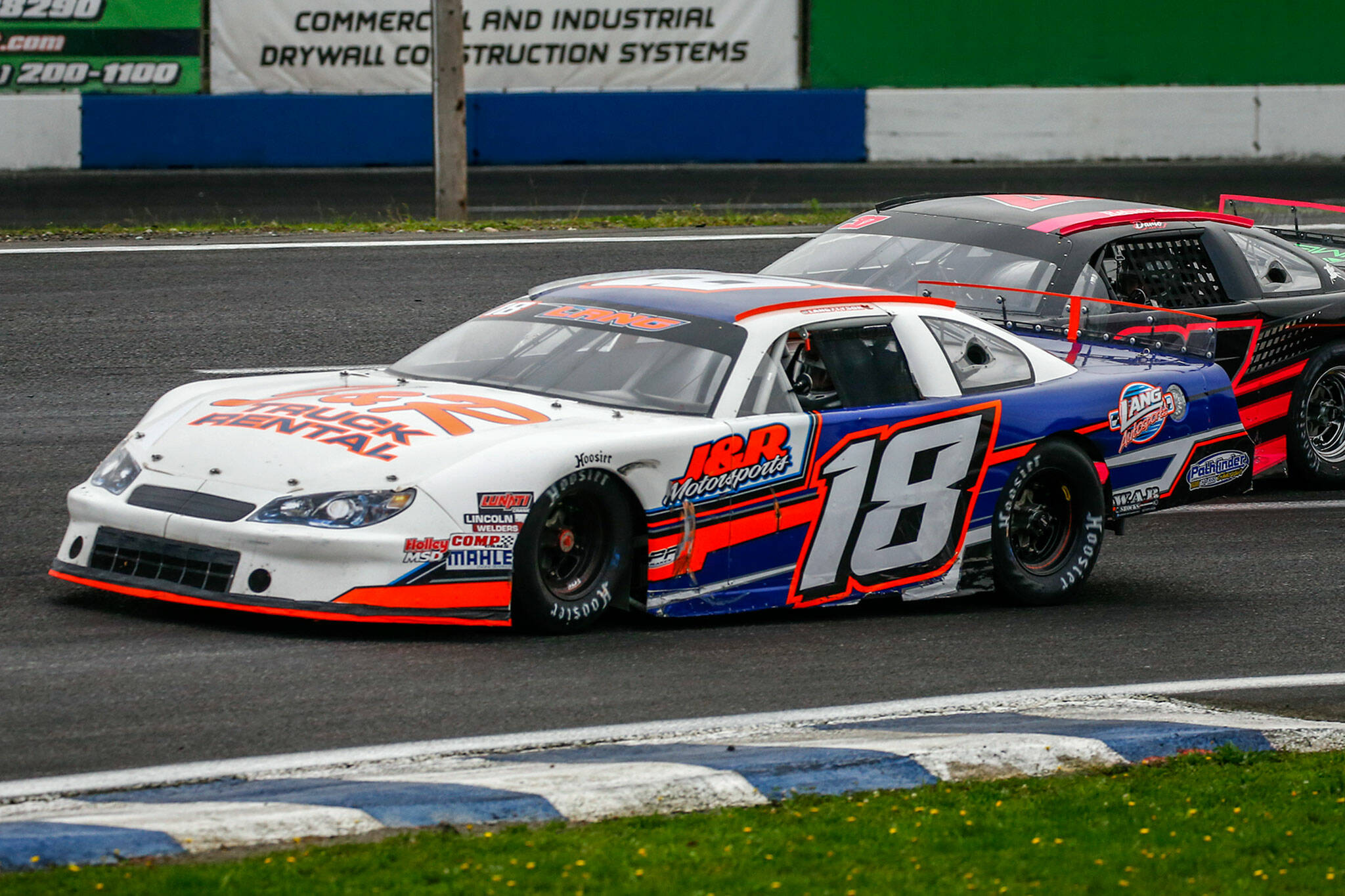 Tyson Lang (18) races during the Central Welding Supply 125 for Pro Late Models at Evergreen Speedway in Monroe on Oct. 17, 2020. (Kevin Clark / The Herald)