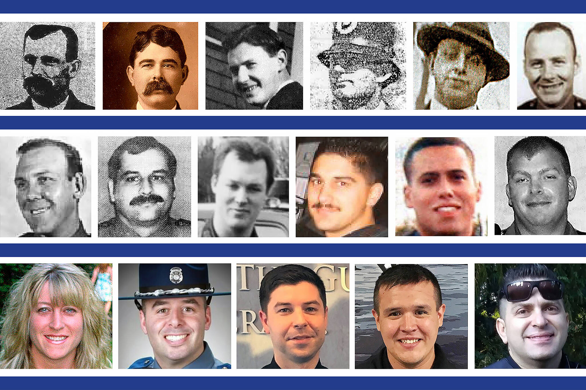 Top (L-R): Charles Raymond, Jefferson Beard, Charles O. Curtiss, Jack Fox, Percy Z. Brewster, Wesley H. Whittenberg. Middle (L-R): William D. Arndt, Nicholas Davis, Jim Kinard, Brian DiBucci, Edwanton Thomas, Timothy Brenton. Bottom (L-R): Jayme Biendl, Sean O’Connell, Jonathan Shoop, Charlie Cortez, Dan Rocha.