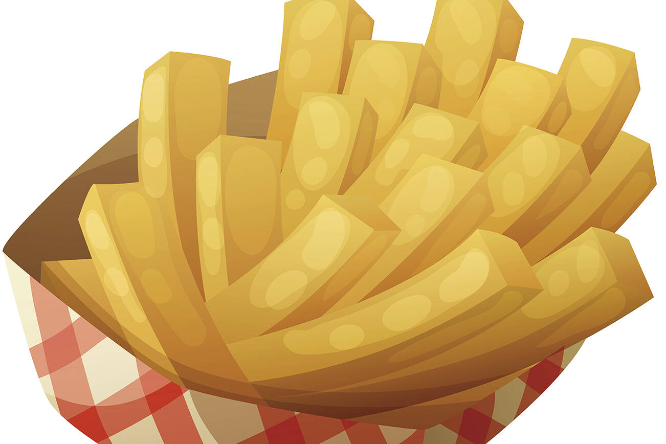 French fries in the paper basket. Detailed vector icon isolated on white background. Series of food and drink and ingredients for cooking.